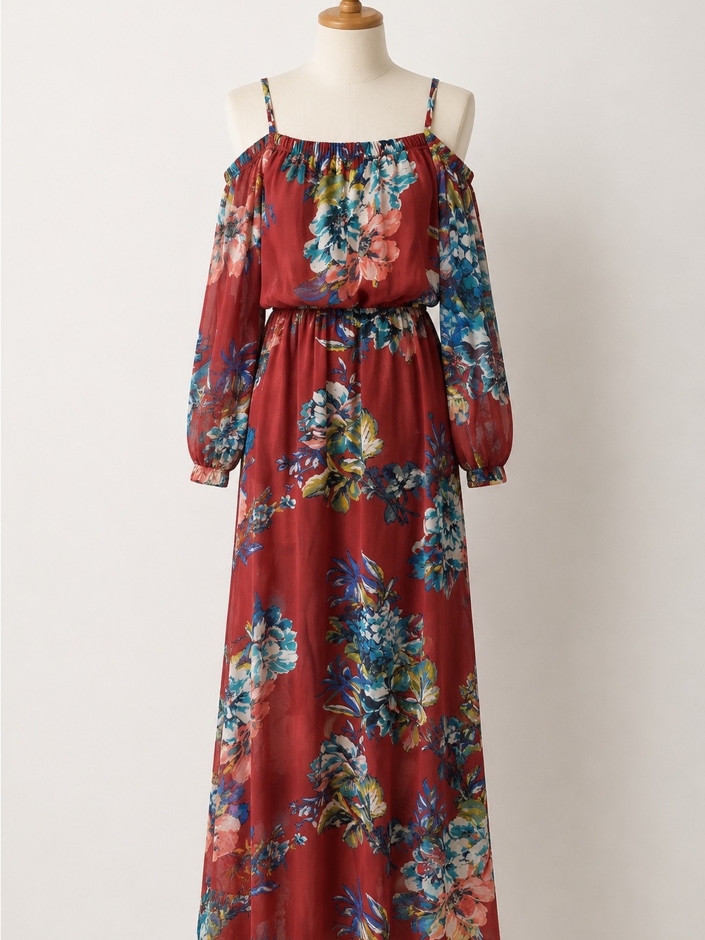 As U Wish Burgundy Floral Cold-Shoulder Maxi Dress